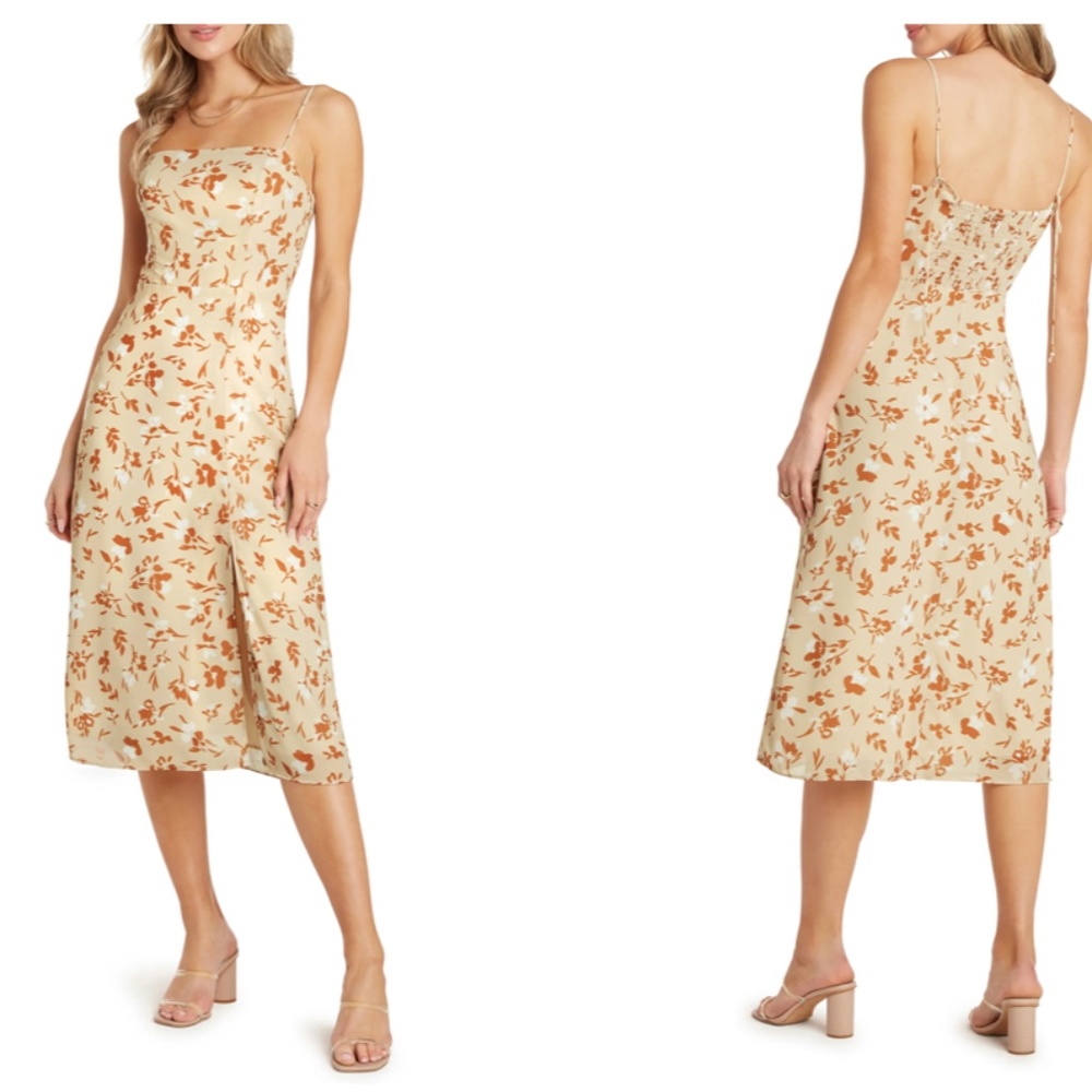 Willow Floral Midi Beige Dress, Size Small